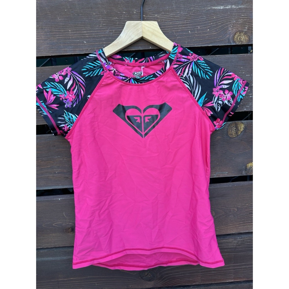 Roxy White Short Sleeve Rash Guard HotPink Logo Swim Shirt Girls Size Large (12)